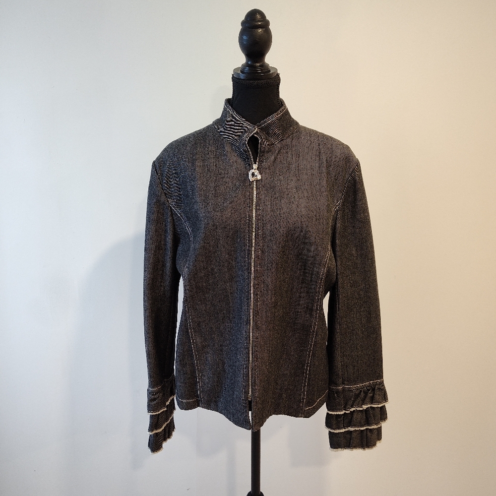 St. John denim jacket with ruffle sleeves